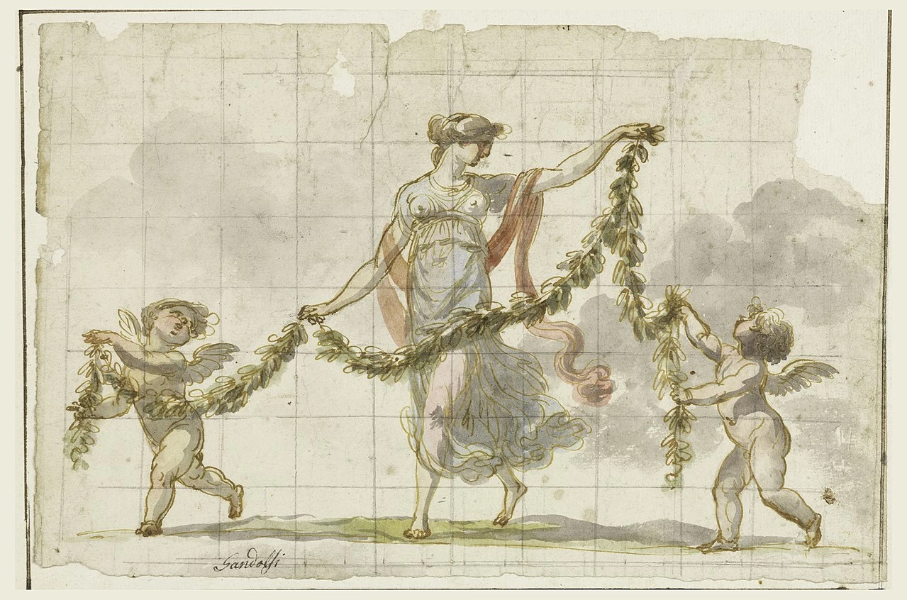 Una danzatrice che tiene in mano una ghirlanda insieme a due putti. - Cooper Hewitt, Smithsonian Design Museum